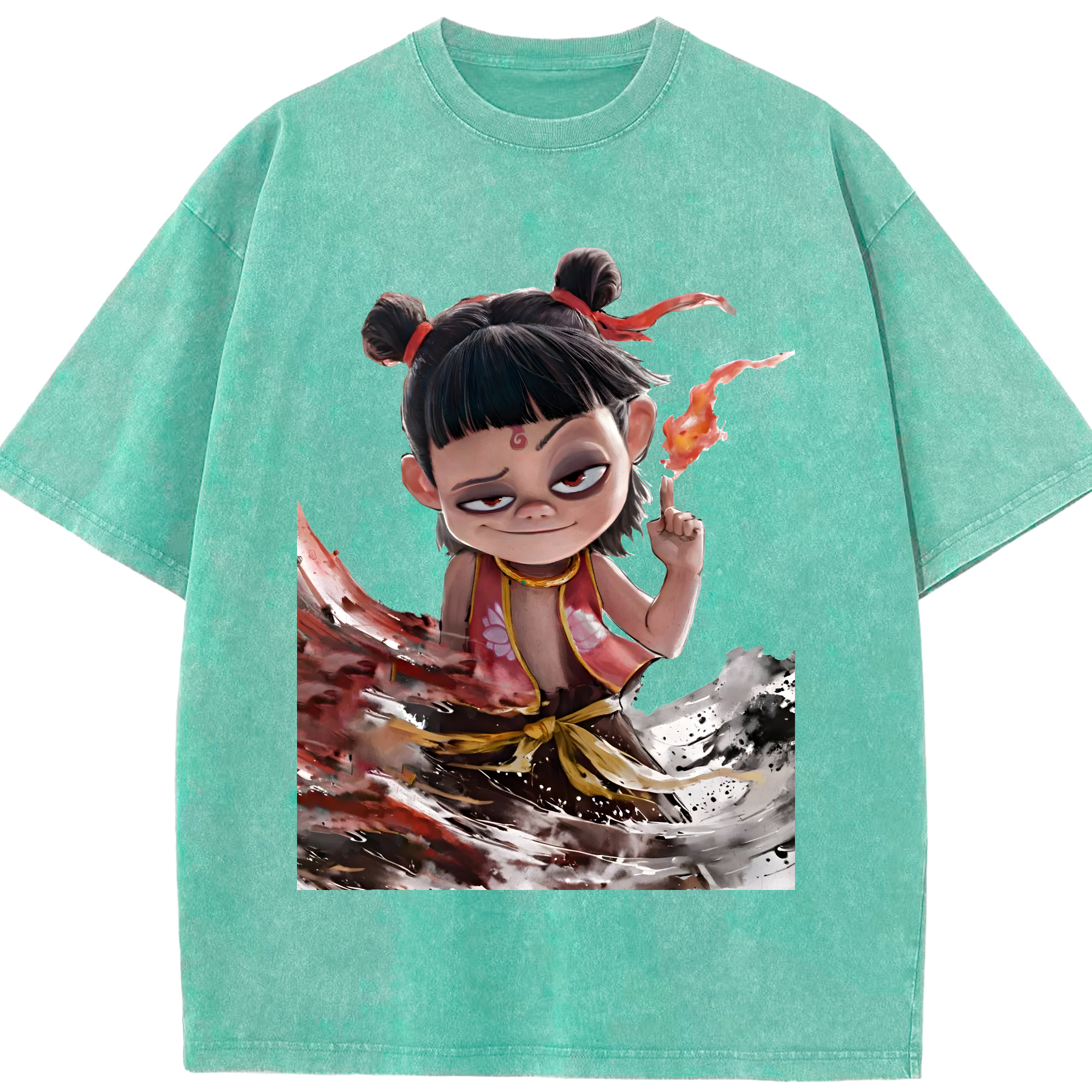 （画像用） Ne Zha 2 ナタ 魔童の大暴れ 綿100% ヴィンテージ風 半袖Tシャツ（フロントプリント）
